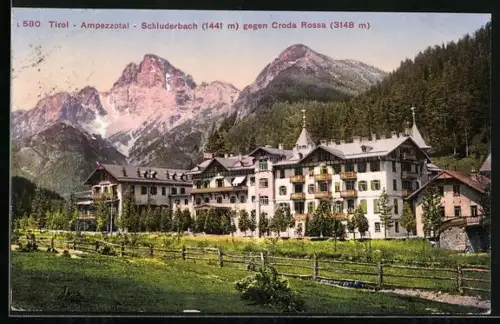 AK Ampezzotal, Hotel Schluderbach, Ortsansicht gegen Croda Rossa
