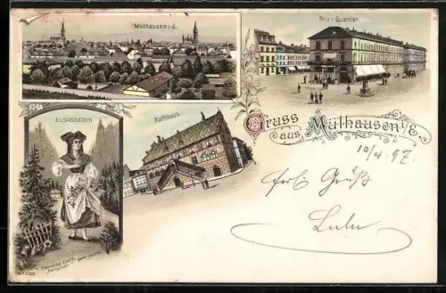 Lithographie Mülhausen i. E., Elsässerin in Tracht und Ortsansicht