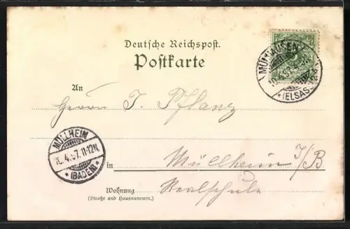 Lithographie Mülhausen i. E., Elsässerin in Tracht und Ortsansicht