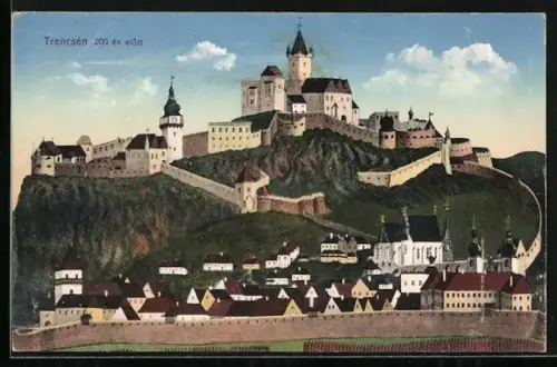 Künstler-AK Trencsen, Ortsansicht