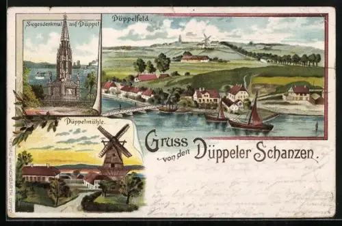 Lithographie Düppeler Schanzen, Düppelmühle, Siegesdenkmal auf Düppel