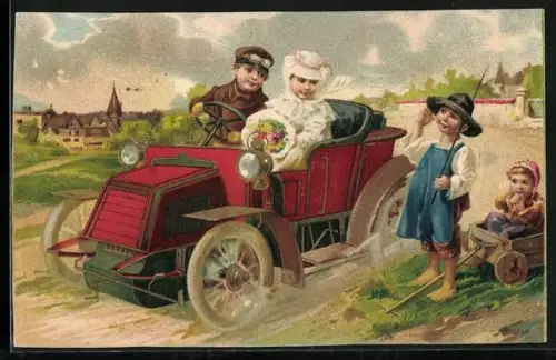 AK Kleiner Angler begrüsse ein vorbeifahrendes Paar im Auto