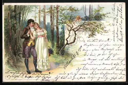 Künstler-AK E. Döcker: Liebespaar im Wald, beobachtet von einem kleinen Amor