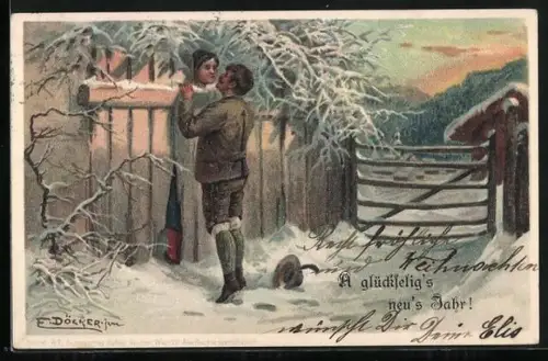 Künstler-Lithographie E. Döcker: A glückselig`s neu`s Jahr!, Liebespaar am Gartenzaun