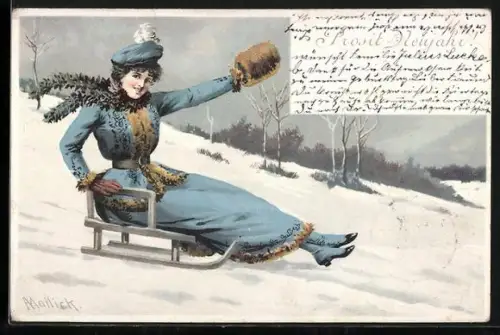 Künstler-Lithographie Alfred Mailick: Prosit Neujahr!, junge Dame auf Schlitten