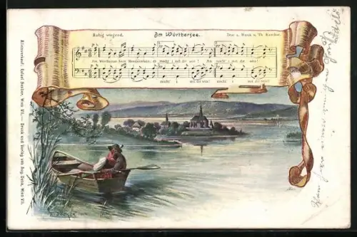 Künstler-AK E. Döcker: Wörthersee, Lied Am Wörthersee, Paar im Boot bei Abendstimmung