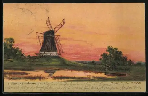 Künstler-AK Sophie Wencke: Worpswede, Windmühle im Moor