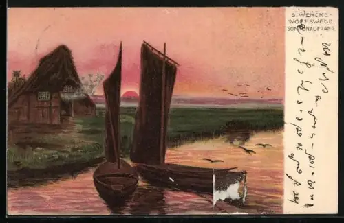 Künstler-AK S.Wencke: Worpswede, Sonnenaufgang bei einer Fischerkate