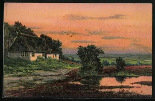Künstler-AK Sophie Wencke: Worpswede, Ortspartie in der Abendröte