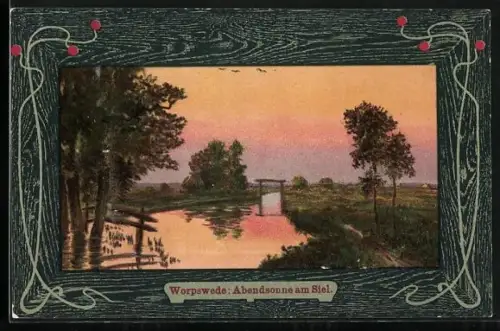Künstler-AK Worpswede, Abendsonne am Siel in schönem Rahmen