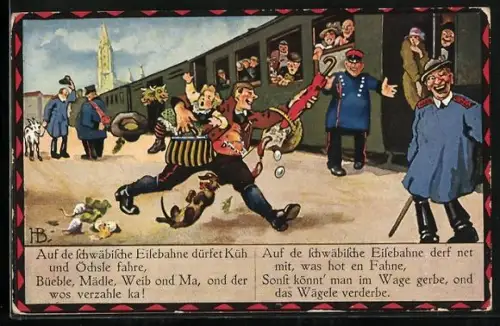Künstler-AK Hans Boettcher: Die schwäbischen Eisenbahn, Bürger stürmen zum Zug