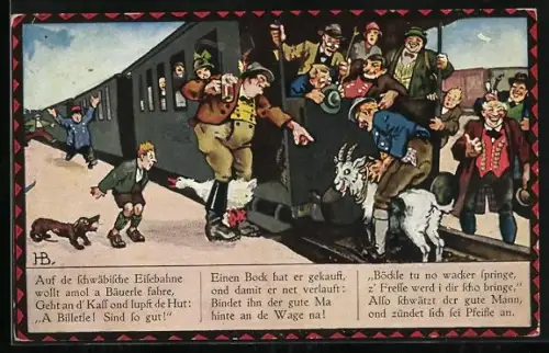 Künstler-AK Hans Boettcher: Auf die schwäbische Eisenbahne wollt amol a Bäuerle fahre..., Bild 3
