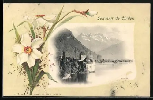 AK Chillon, Festung am Seeufer, Passepartout mit weisser Narzisse