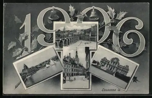 AK Lausanne, Stadtansichten im Passepartout mit Jahreszahl 1906 und Stechpalmenzweig