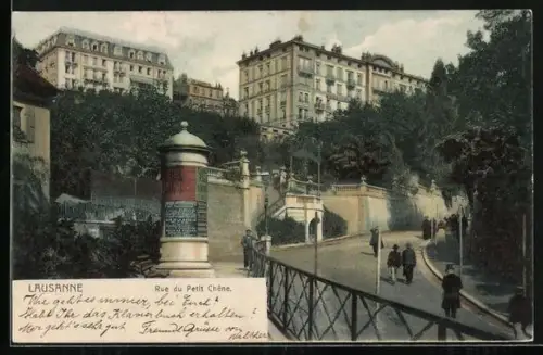 AK Lausanne, Rue du Petit Chene, Litfasssäule am Strassenrand