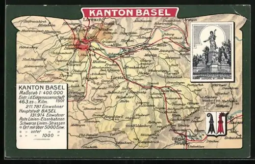 AK Basel, Landkarte des Kantons Basel, Wappen und Denkmal St. Jakob