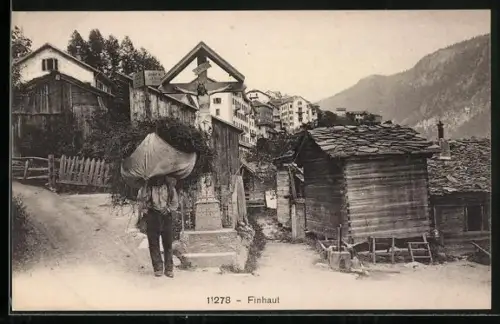 AK Finhaut, Avenue de la Ville, Bauer transportiert Heu