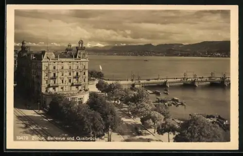AK Zürich, Hotel Bellevue und Quaibrücke