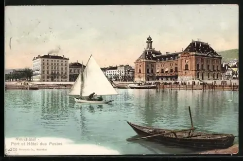 AK Neuchâtel, Port et hôtel des postes, Segelboot, Ruderboot