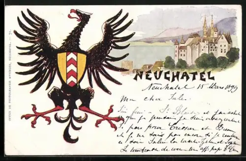 Lithographie Neuchatel, Wappen und Schloss