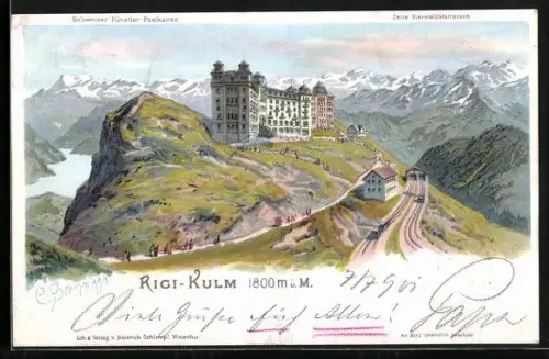 Künstler-AK C. Steinmann: Rigi-Kulm, Hotelgebäude & Station der Bergbahn