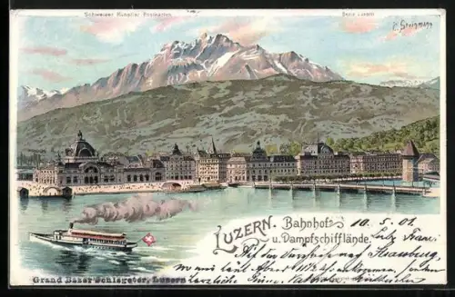 Künstler-AK C. Steinmann Nr. 2097: Bahnhof und Dampfschifflände