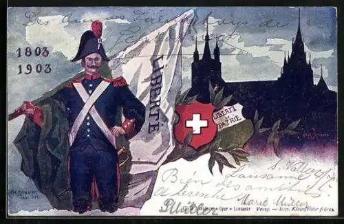 Künstler-Lithographie Lausanne, 1803 - 1903, Silhouette der Stadt, Soldat mit Fahne Liberté
