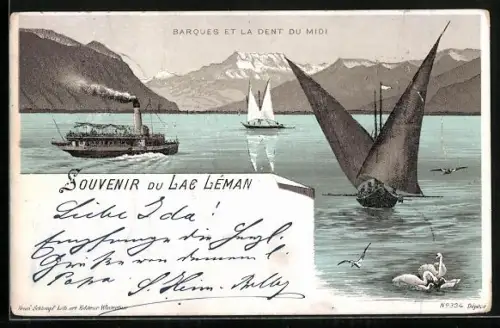 Lithographie Lac Léman, Barques et la Dent du Midi