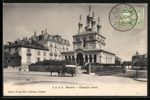 AK Geneve, Chapelle russe, Pferdekutsche
