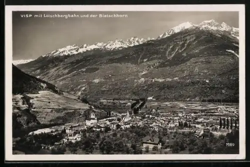 AK Visp, Panorama mit Lötschbergbahn und Bietschhorn