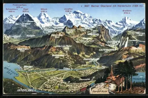 AK Landkarte Berner Oberland und Umgebung, mit Harderkulm und Bergkette