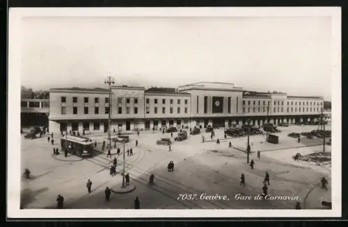 AK Geneve, Gare de Cornavin, Bahnhof, Strassenbahn