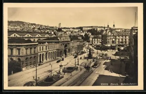 AK Zürich, Bahnhofplatz aus der Vogelschau