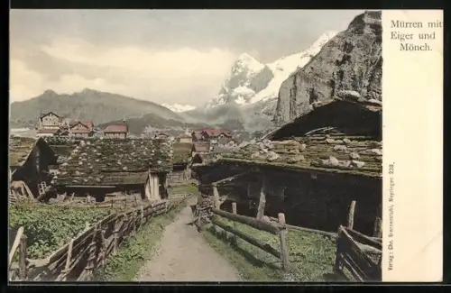 AK Mürren, Ortsansicht gegen Eiger und Mönch