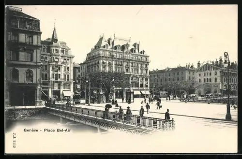 AK Geneve, place Bel-Air mit Strassenbahnen