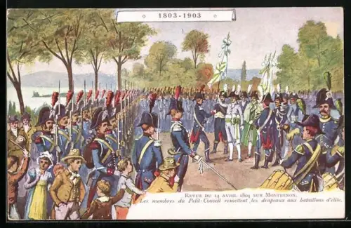 AK Montbenon, Revue du 14 avril 1804, Schweizer Soldaten übergeben eine Flagge