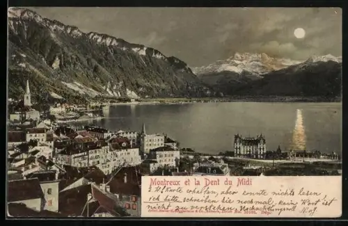 AK Montreux, Teilansicht mit See bei Vollmond