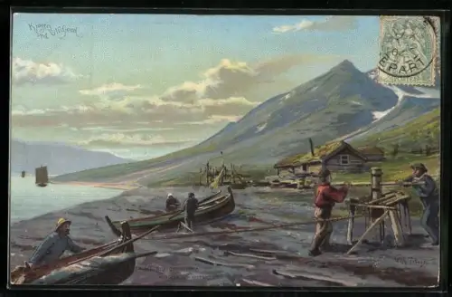Künstler-AK Kjosen, ved Ulfsfsord, Fischer am Strand