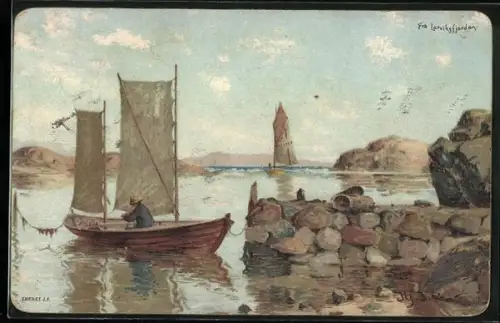 Künstler-AK Fra Larwiksfjorden, Fischer im Segelboot