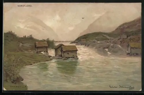 Künstler-AK Nordfjord, Ortsansicht mit Flusspartie