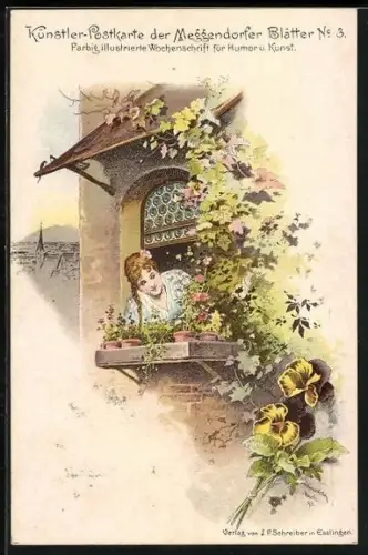 Künstler-AK Meggendorfer Blätter Nr. 3: Mädchen schaut aus dem Fenster, Stiefmütterchen