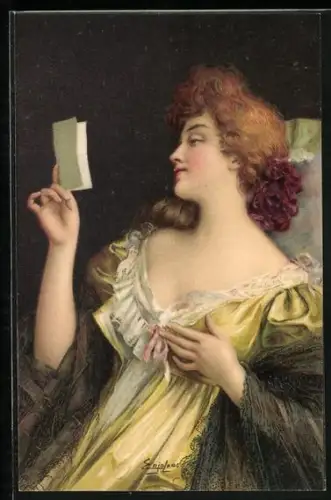 Künstler-AK Delphin Enjolras: Dame liest einen Brief
