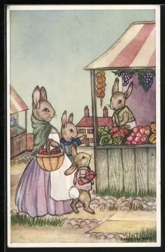 Künstler-AK sign. Doreen M. Parr: Hasenfamilie kauft Gemüse an einem Marktstand