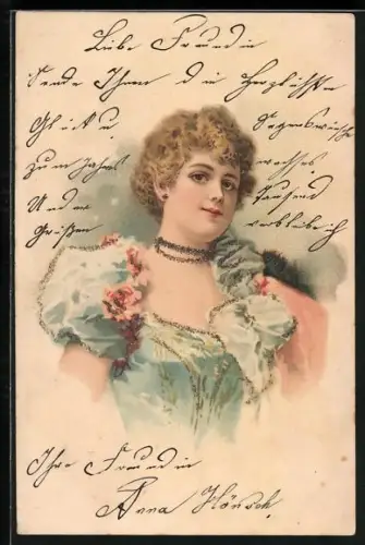 AK Dame im blauen Ballkleid