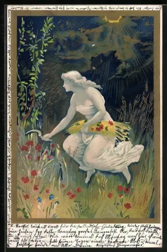 Künstler-Präge-Lithographie junge Dame mäht mit der Sichel Getreide, Jugendstil