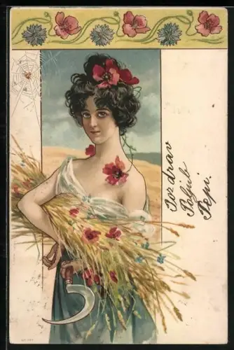 Künstler-AK Schönheit mit schwarzem Haar und Sichel, Jugendstil