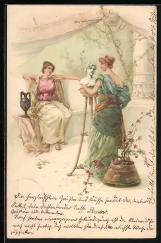 Lithographie Bildhauerin fertigt ein Büste an