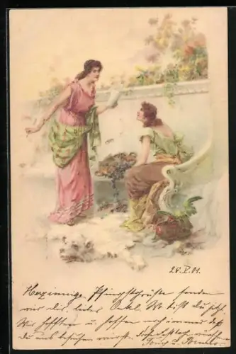 AK Zwei junge Frauen mit Schriftstück an einem Bärenfell