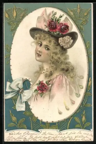 AK Junge Dame mit Hut & Rosen, Jugendstil