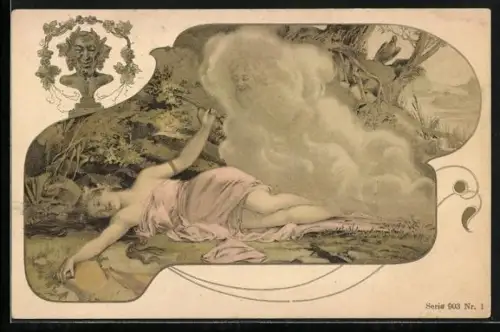 Lithographie Geist erscheint einer Frau im Schlaf, Jugendstil
